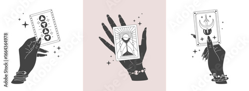 Set of magic witchcraft line art hands with tarot cards. Esoteric hand gesture logo. Vector illustration