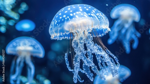 Glowing white spotted jellyfish in deep blue water