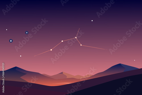 Stylized constellation in a purple and pink gradient sky over desert mountains at dusk