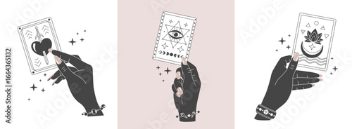 Set of magic witchcraft line art hands with tarot cards. Esoteric hand gesture logo. Vector illustration