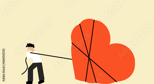 Man pulling heavy heart with rope illustration