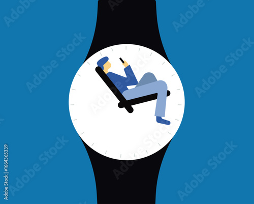 Man inside watch, relaxing and using watch illustration