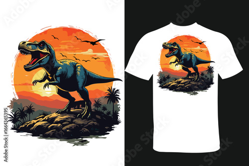 Roaring tyrannosaurus rex dinosaur sunset t shirt design vector isolated on white background 