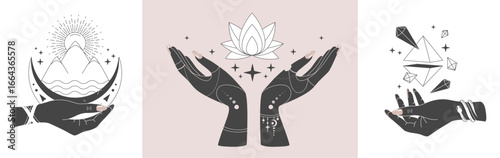 Set of magic witchcraft line art hands with tarot cards. Esoteric hand gesture logo. Vector illustration