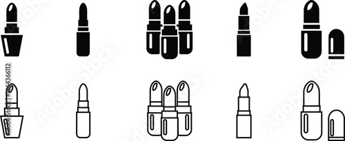 Lipstick Icon Set, Collection and Group Black Cosmetic Makeup Tube, Beauty Product Symbol, Fashion Accessory Vector in Flat and Line Style for Glamour, Elegance, Salon and Stylish Design