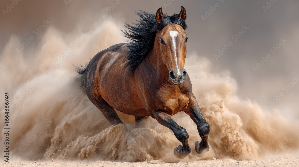 Fototapeta premium Galloping horse stirs up sand while racing through an arid landscape at sunset