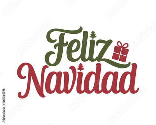 Feliz navidad festive text with christmas tree and gift box decorations