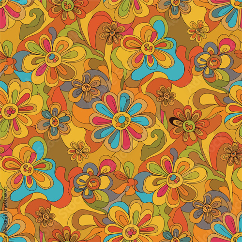 Seamless Pattern, Retro floral pattern featuring stylized flowers and swirling shapes in warm hues Stock royalty free image.