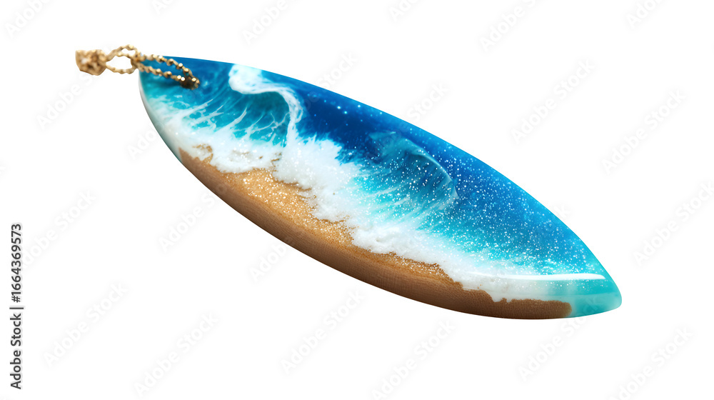 Obraz premium A resin car air freshener charm, designed as a miniature surf board, with a vibrant, hand-painted wave design, bringing a touch of the beach to your vehicle, isolated on a Transparent Background