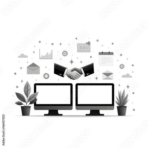 Digital Partnership: Depicting a strong and professional partnership, this image highlights a handshake, symbolizing agreement and success, all while surrounded by clean, modern business elements.