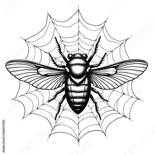 Cicada caught in spiderweb: A monochromatic illustration portrays a cicada, trapped in the intricate embrace of a spider's web, symbolizing fragility and the precarious balance of nature.