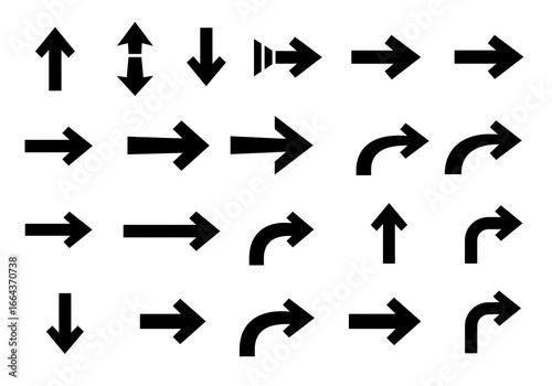 Collection of diverse black directional arrows indicating movement, progress, and navigation for clear communication and design guidance