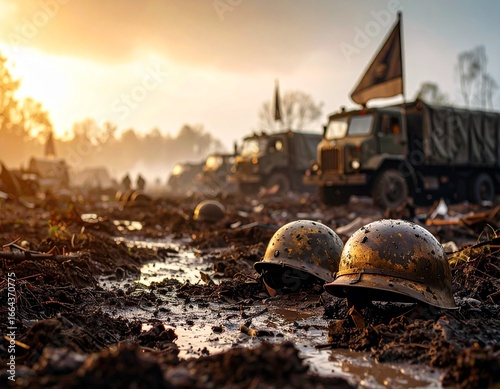 Desolate battlefield at dawn with scattered helmets, muddy ground and flags, silent aftermath of war.