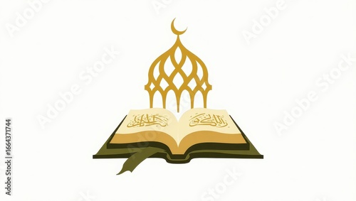 Golden religious book and mosque dome design, symbolic image of faith and knowledge.