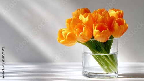 Bright yellow tulips in a clear glass vase create a cheerful atmosphere. This floral arrangement adds a fresh touch to any space. Capture the beauty of nature in your home decor. AI