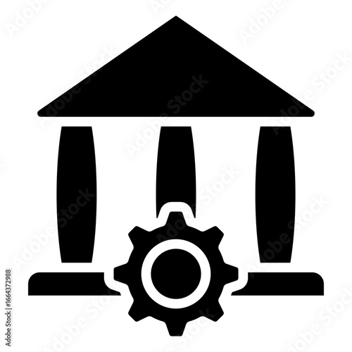 Government Settings Glyph Black Silhouette Icon Design Vector - Government building with gear, representing public administration, policy management, or system governance