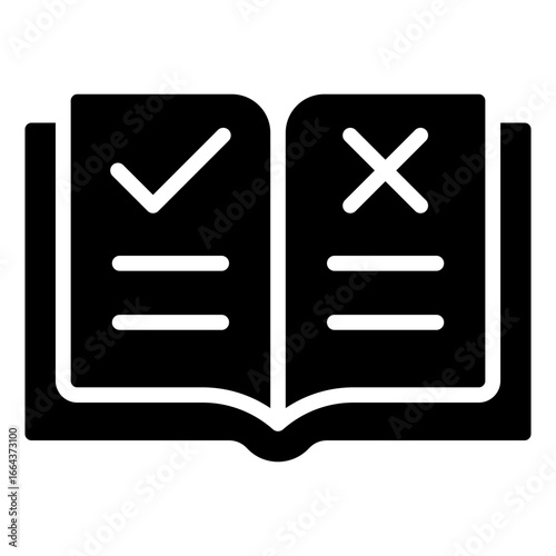 Rulebook Glyph Black Silhouette Icon Design Vector - Open book with check and cross marks, symbolizing guidelines, rules, or decision-making criteria