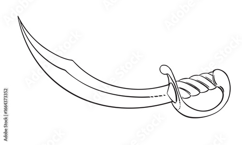Curved vector silhouette of arabian sword. Cold weapon. Pirate cutlass. Corsair's broadsword with a wide blade. Linear drawing on a white background.
