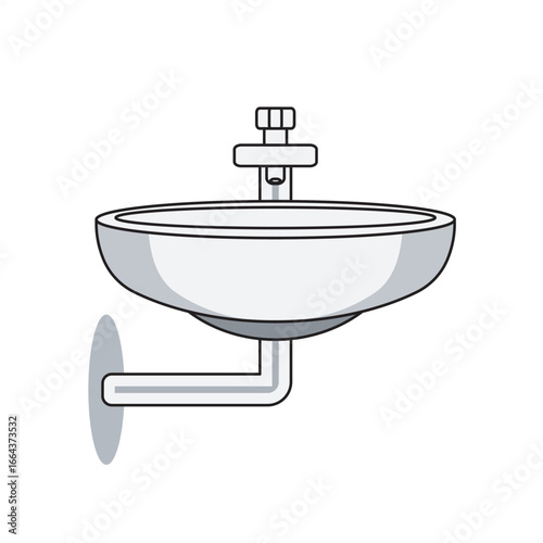 Wall-mounted washbasin with faucet and drain pipe, clean vector style for bathroom, hygiene, plumbing, sanitation, and water supply equipment design.