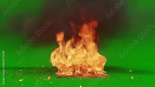 A fiery explosion with smoke and flames on a green screen background