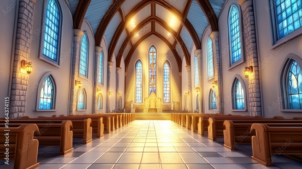 Fototapeta premium Sunlit Cathedral Interior with Stained Glass and Wooden Pews