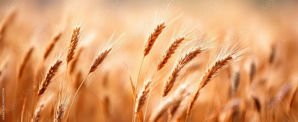 Fototapeta premium The Wheat Ears in a Golden Field at Sunset with Soft Bokeh Background