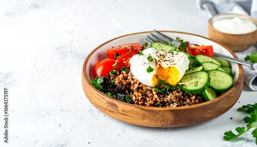 A wooden bowl brimming with wholesome buckwheat, a poached egg, and fresh vegetables, creating a vibrant and healthy breakfast or lunch.