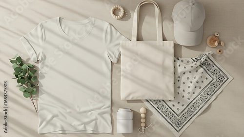 Flat lay of blank white tshirt, tote bag, cap, and bandana with props