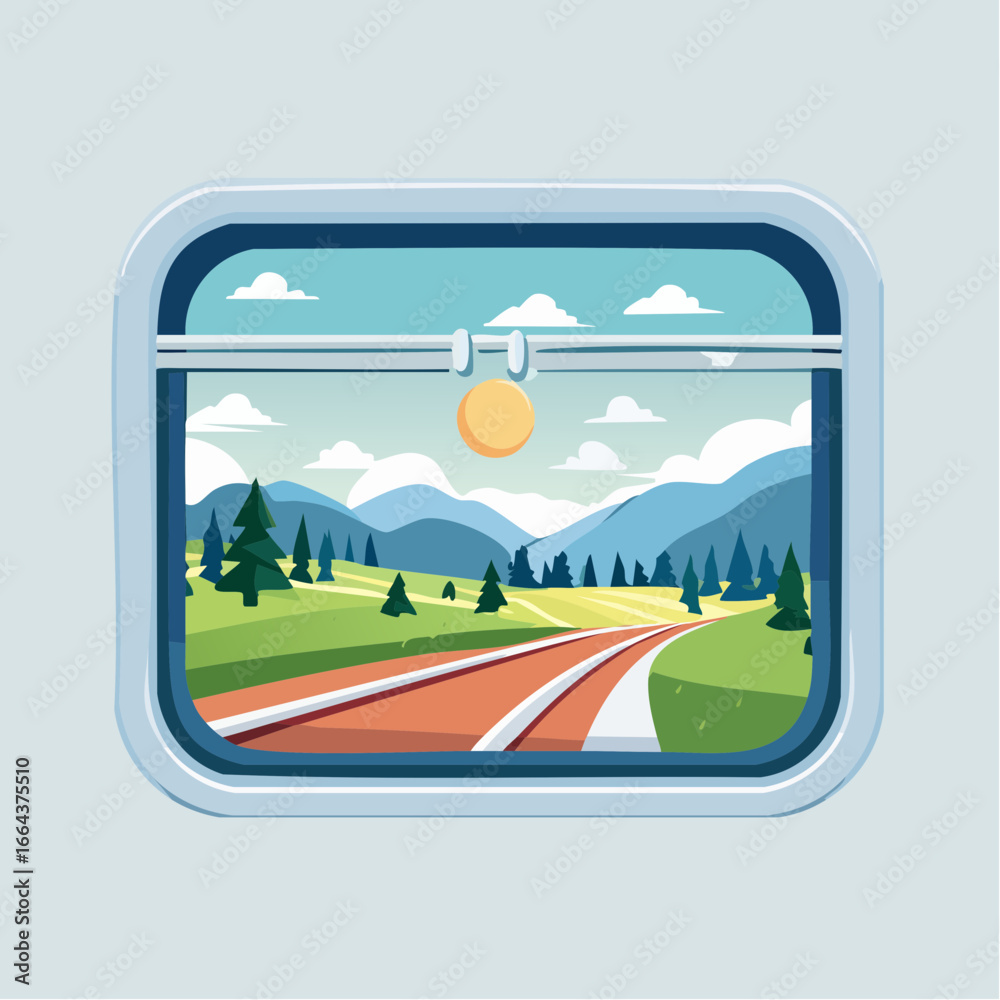 Obraz premium Cartoon Train Window View Of Scenic Landscape