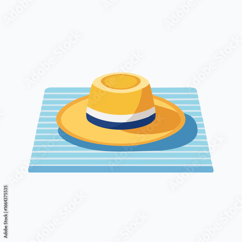 Yellow Straw Hat On Striped Mat