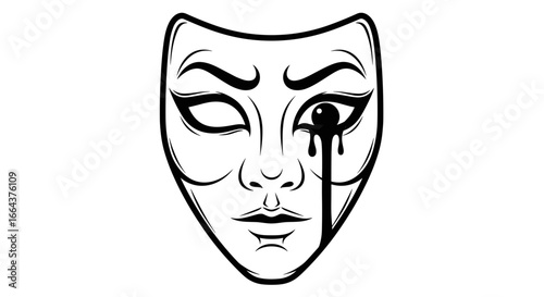 Crying theatrical mask with black tear in minimalist style