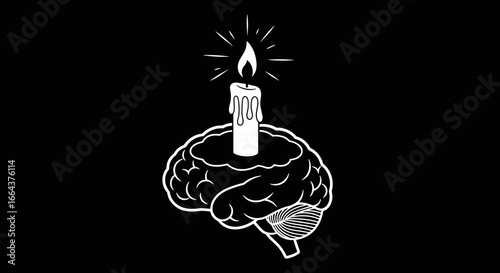 Candle burning on brain illustration in black and white style