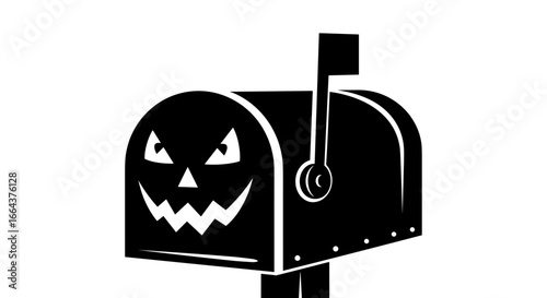 Halloween mailbox with carved pumpkin face in black and white