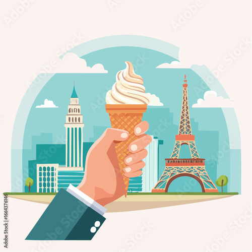 Businessman Holding Ice Cream Cone In Front Of Parisian Cityscape