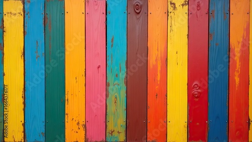 Vibrant wooden planks, painted in a spectrum of bright colors, display a playful and cheerful mood.