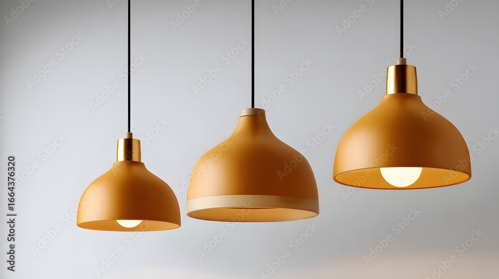 Obraz premium Three Contemporary Pendant Lamps in Warm Gold Tones Hanging Against a Light Gray Wall