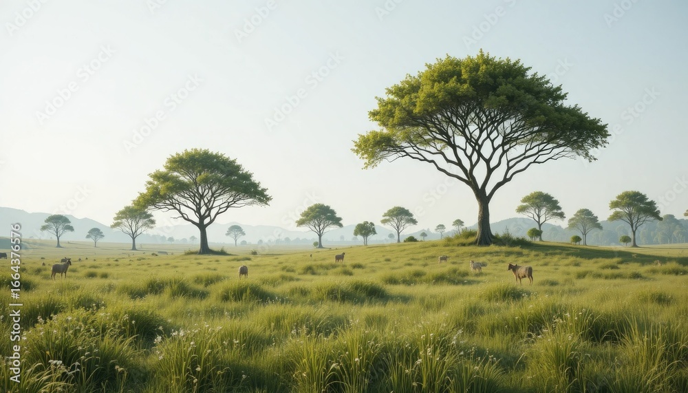 Obraz premium “A minimal yet rich natural scene of grasslands, scattered trees, and small wildlife living together in balance under natural sunlight.” 
