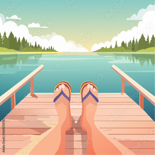 Relaxing Feet On Wooden Pier Over Lake
