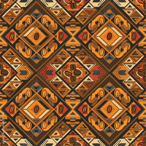 Seamless Pattern, Seamless coffee bean pattern with ethnic tribal motif in brown and beige hues Stock royalty free image.