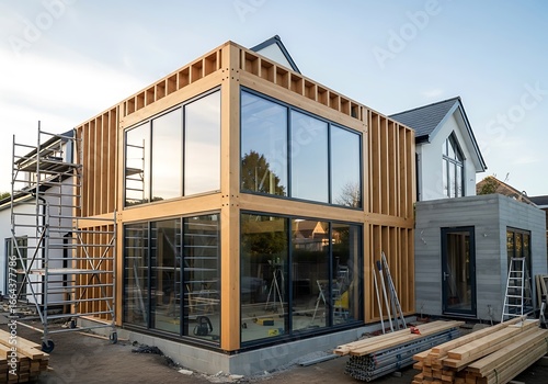 Modern timber framed extension under construction