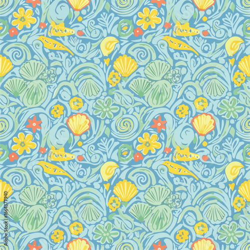 Seamless Pattern, Playful ocean themed pattern featuring sea life and floral elements in blue hues Stock royalty free