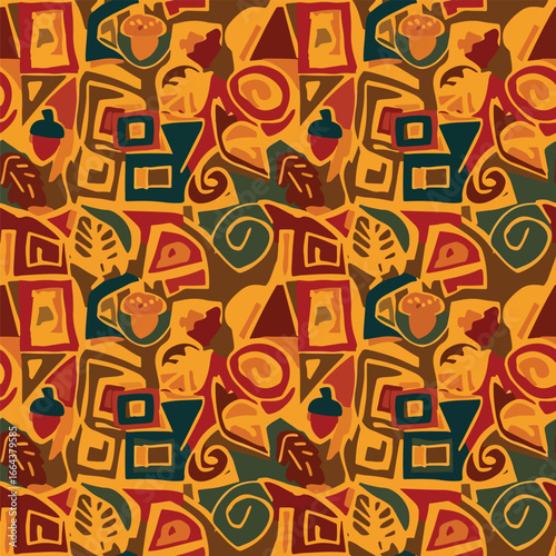 Seamless Pattern, Seamless Autumnal Pattern with Abstract Shapes and Fall Elements in Earth Tones Stock royalty free
