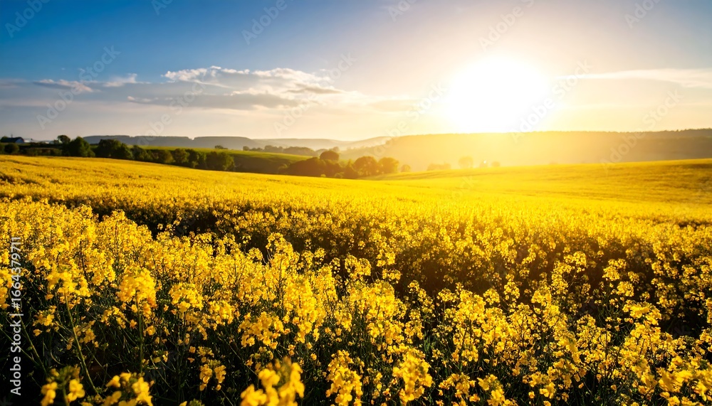 Obraz premium A vast expanse of vibrant yellow flowers stretches across a serene landscape, bathed in the golden light of a beautiful sunrise.