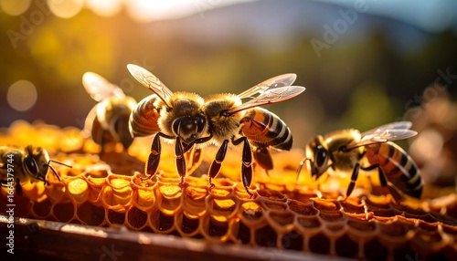 Wallpaper Mural Honeybees diligently work on a golden honeycomb, bathed in the warm glow of sunlight. Torontodigital.ca