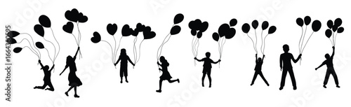  set of illustrations of children carry balloons silhouettes