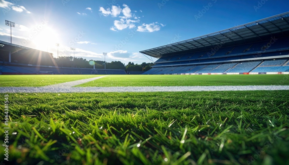Fototapeta premium Sunny Day at a Lush Green Football Stadium.
