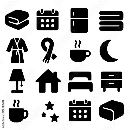 Cozy Comforts: A curated collection of simplistic and visually appealing icons, perfectly captures the essence of home and relaxation, evoking warmth, tranquility, and a sense of well-being.