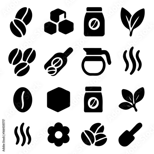 Coffee and Tea Ingredients Set: A graphic representation of coffee beans, tea leaves, and associated ingredients.