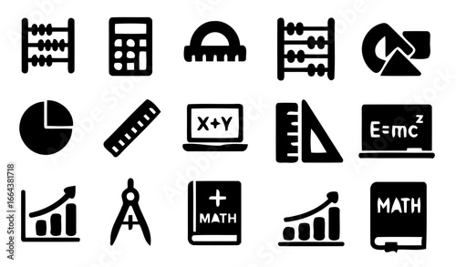 Math Icon Set: A collection of essential math icons, each meticulously designed to represent various tools and concepts fundamental to mathematical exploration.
