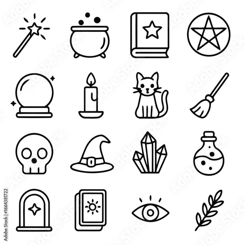 Witchcraft Illustration: A collection of mystical and symbolic line art elements, perfectly crafted for designs that embrace the esoteric, from spell books to crystal balls. 